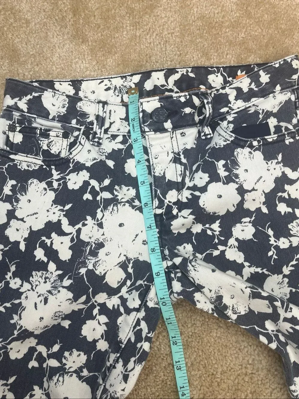 Tory Burch Floral Print Skinny Jeans Women’s Size 26 Blue White Cotton